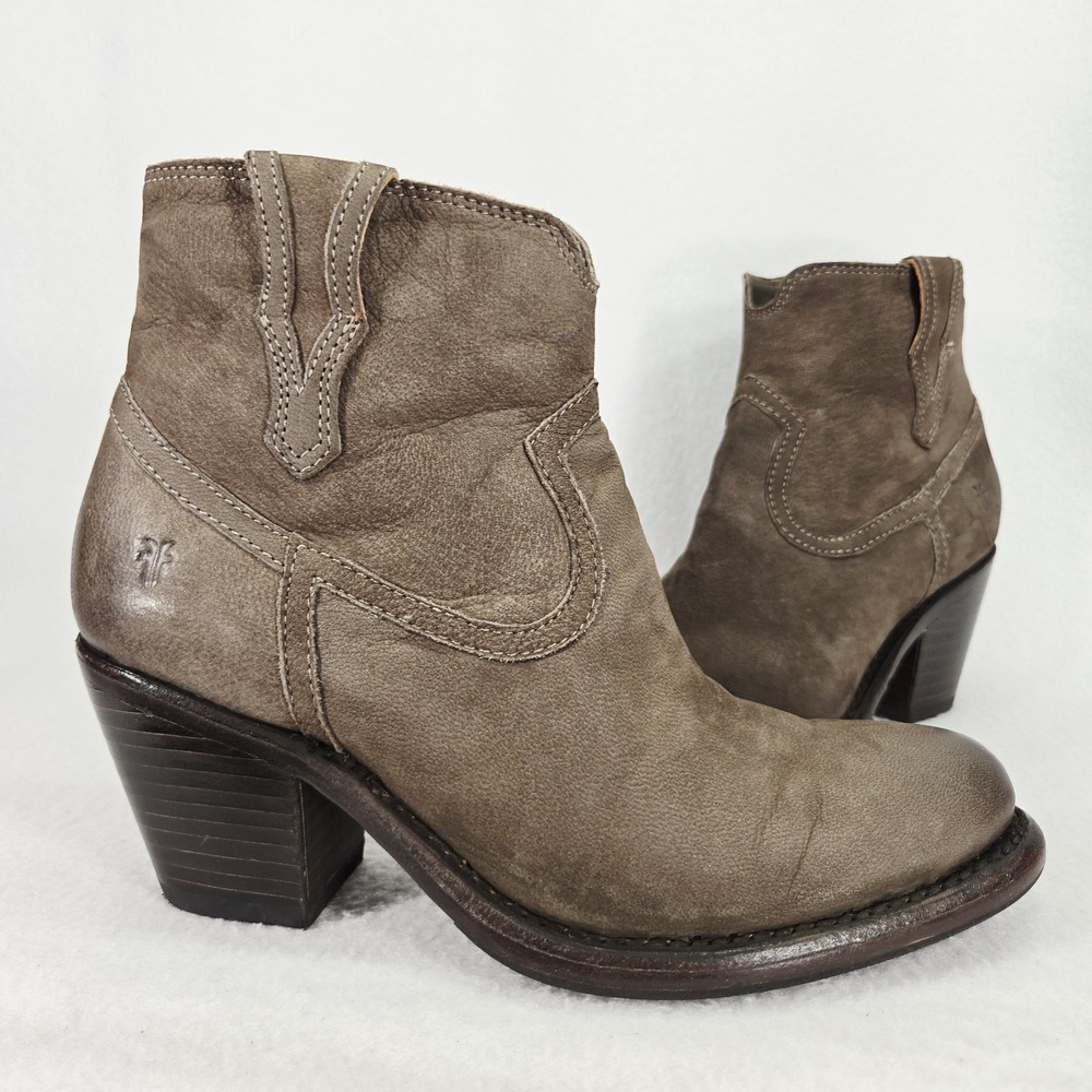 Frye Boots Womens 6.5 Gray Lillian Leather Ankle Western Zip Block Heel‎ Booties